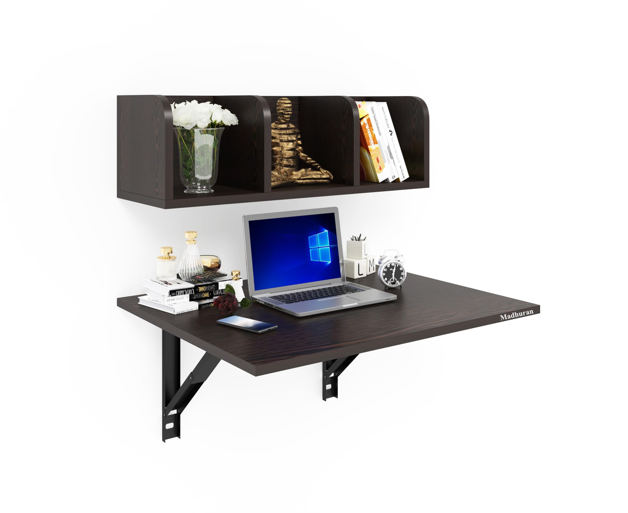 Madhuran Engineered Wood Wall Mounted Laptop Study Table Desk with Books Storage Corner Shelf (Matte Wenge) Office Kitchen Students Reading Working Desk Organizer Work Home