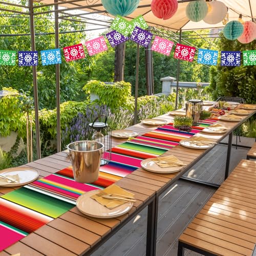 Lonfliness 12 Pack Plastic Mexican Table Runner Disposable Dia De Los Muertos Mexican Serape Runner 14 x 84Inch Colorful Striped Day of The Dead Table Cover for Fiesta Party Taco Party Decor Supplies by Lonfliness - Used condition - Image 6