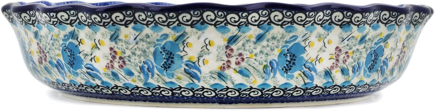 Polmedia Polish Pottery Fluted Pie Dish UNIKAT - Solstice Bloom Pattern Handmade in Boleslawiec Poland by Ceramika Artystyczna + Certificate of Authenticity