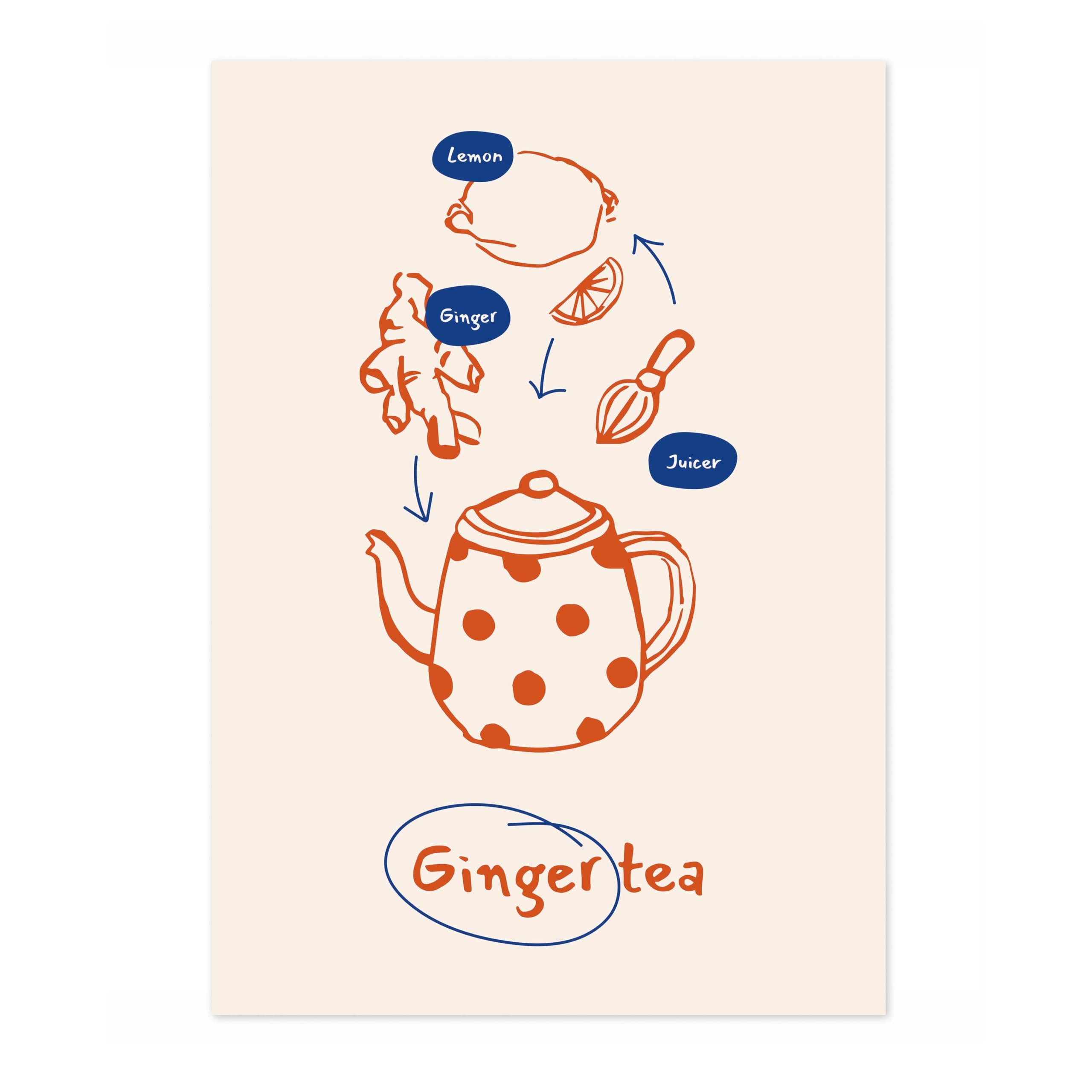 Animato Ginger Tea Kitchen Poster, Cooking Baking Quotes Prints, Kitchen Line Food Illustration Wall Art, Funny Humour Quotes Home Decor, Archival Matte, A4 (Print Only) - 29.7x21cm