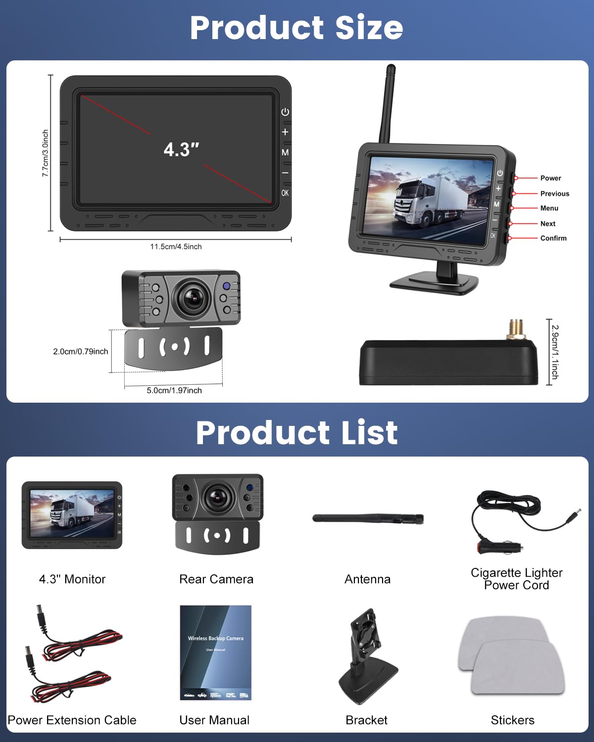 NHOPEEW Kit telecamera di retromarcia wireless da 4,3 pollici - Impermeabile IP68 / Visione notturna/Ampio angolo di visione Linea di retromarcia per auto, camion, rimorchi, camper