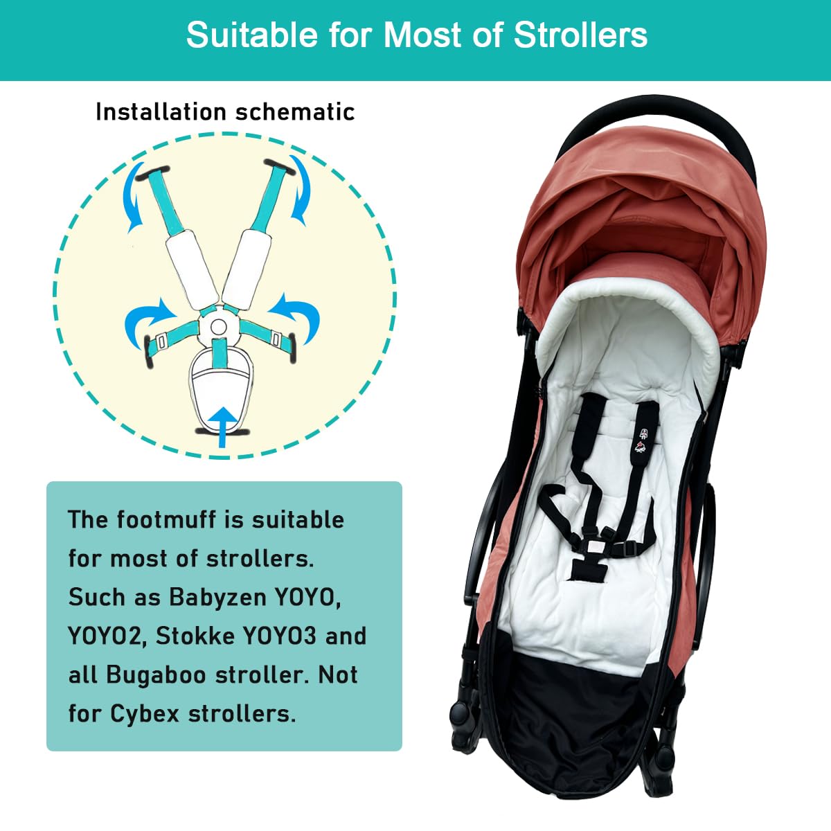 Universal Pushchair Footmuff for Babyzen YOYO/YOYO2 & Bugaboo, Waterproof Fabric Base, Easy-Clean - Image 3