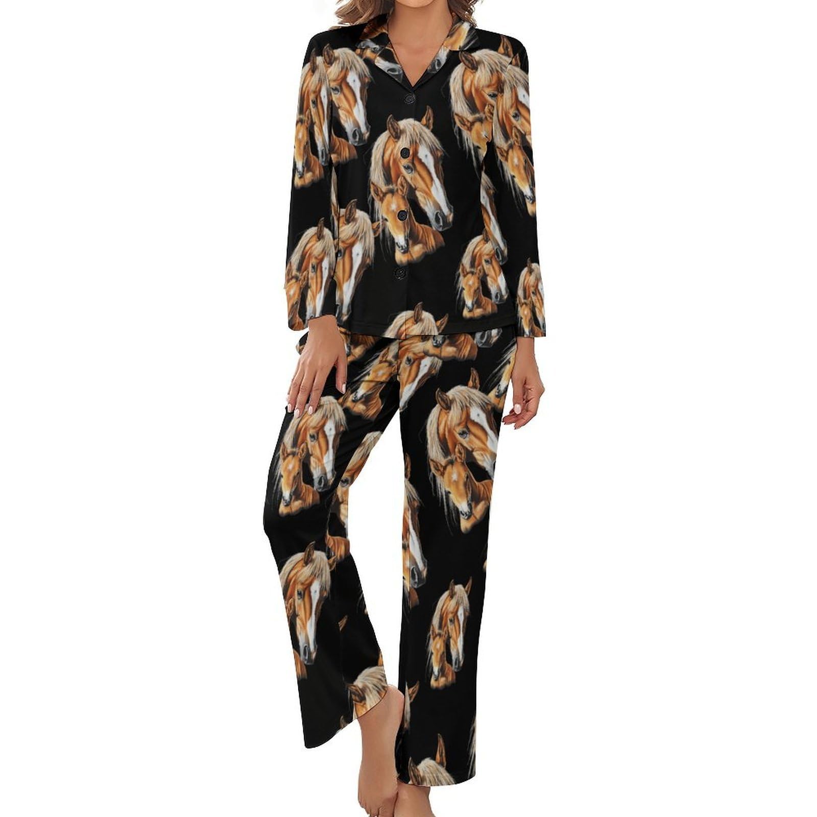 Horse Mama And Little - Conjunto de pijama elegante para mujer, manga larga, botones y pantalones, ropa de descanso