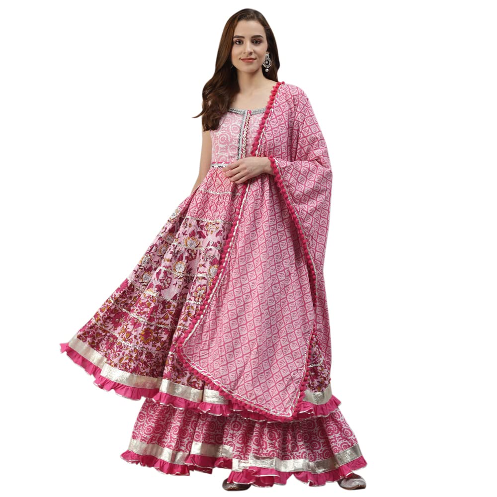 Divena Pink Cotton Sleeves less Anarkali Sharara set with Dupatta