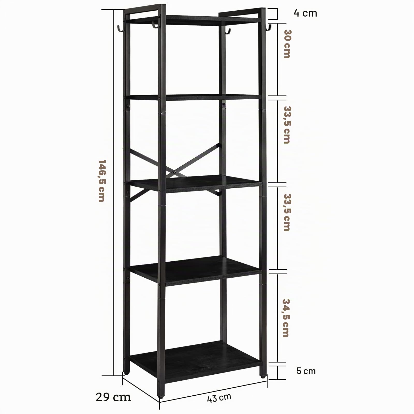 YMYNY Étagères à 5 Niveaux, Bibliothèque, Étagère de Rangement, Hauteur 147CM, Étagères Ouvertes, Éétagères de Bureau, Cadre en Métal, pour Salon, Bureau, Cuisine, Noir HBC005B