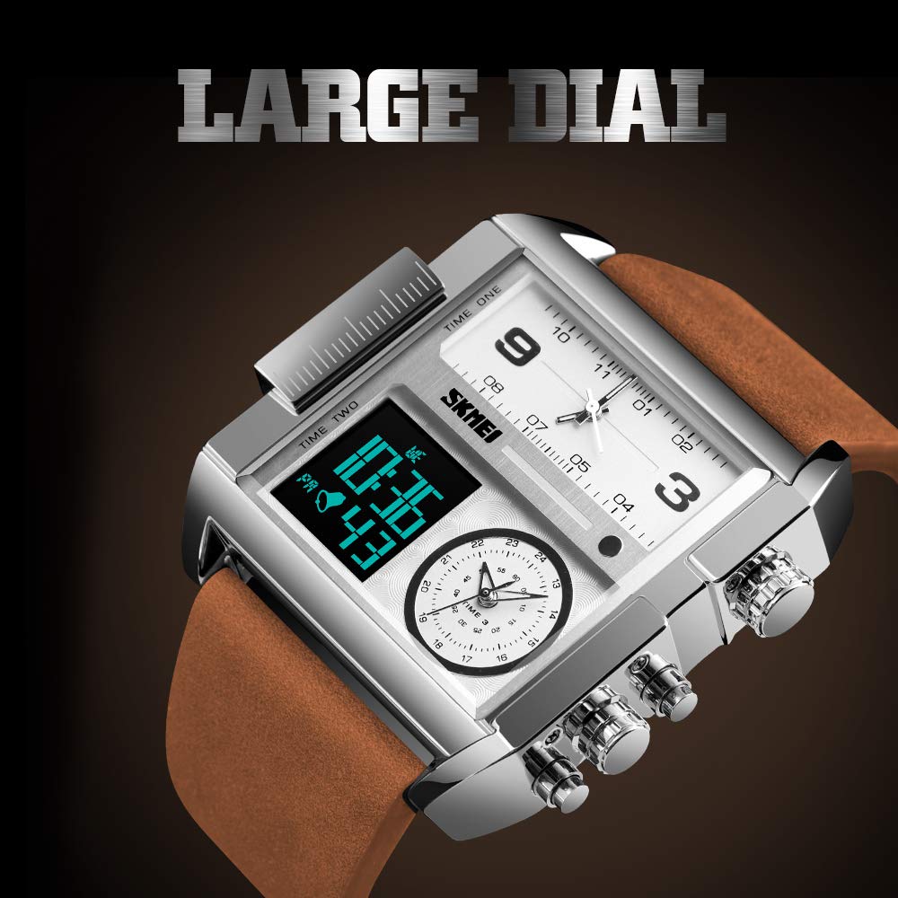 SKMEI Reloj deportivo digital para hombre, LED, cuadrado, esfera grande, analógico, de cuarzo, con cronómetro impermeable multizona horaria, Marrón plateado, Digital