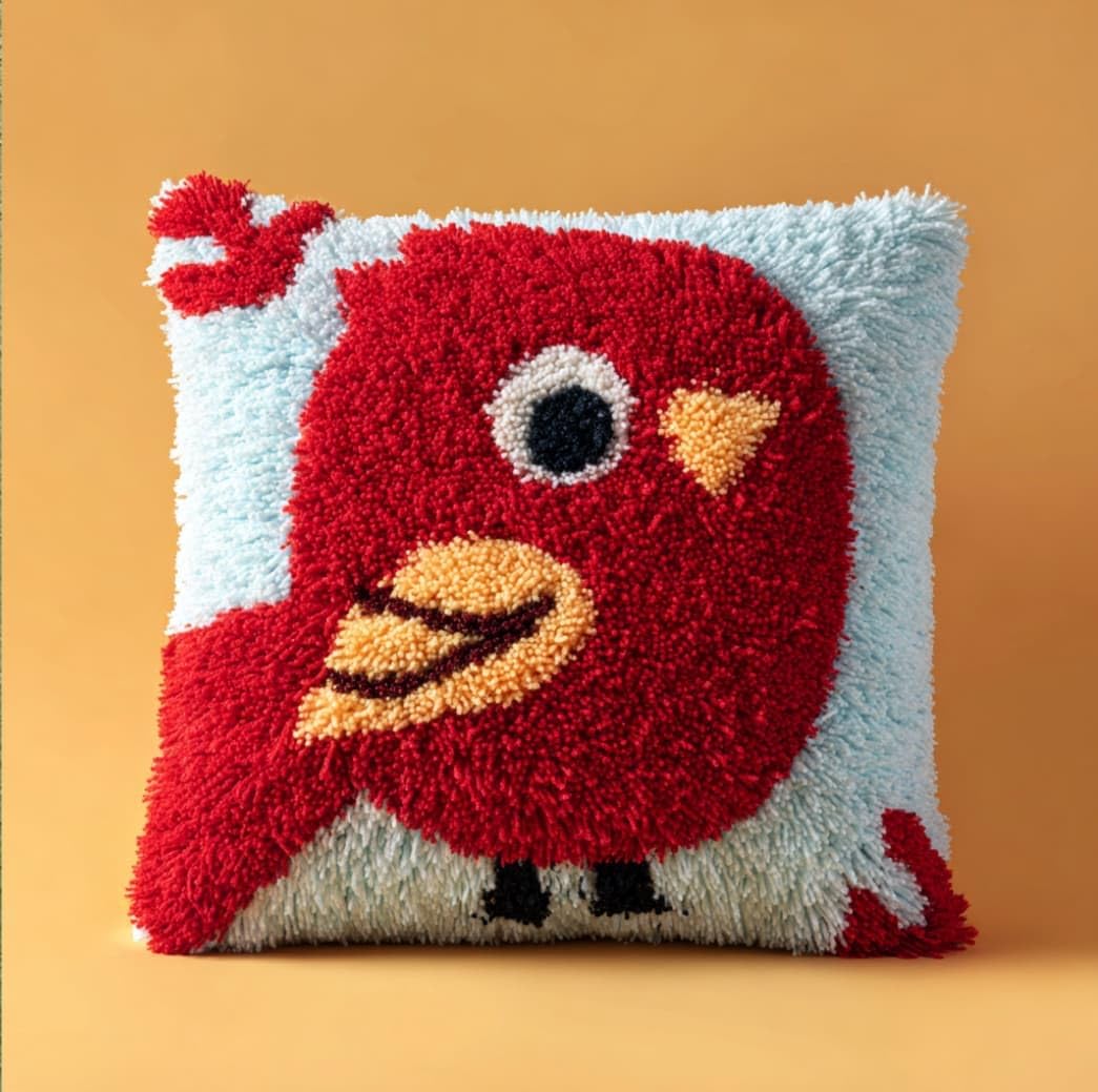 WallustrioaW Latch Hook Pillow Case Kits,Bird 17X17 Inch Latch Hook Cushion Cover Kit,Knitting Kits Cushion for Adults Rug Making Kit for Starters