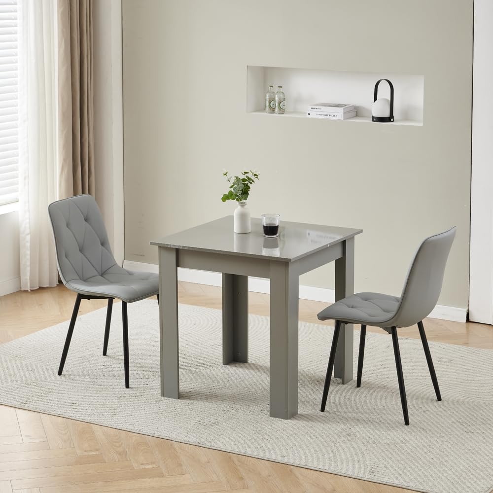 Homullel 75x75 cm Small Dining Table and 2 Chairs, 2 Seater Table and Chairs Set Kitchen Dining Room Set for 2, Compact, Space Saving, Wooden, Glossing Tabletop Grey (2 Seats, PU Diamond Gray)