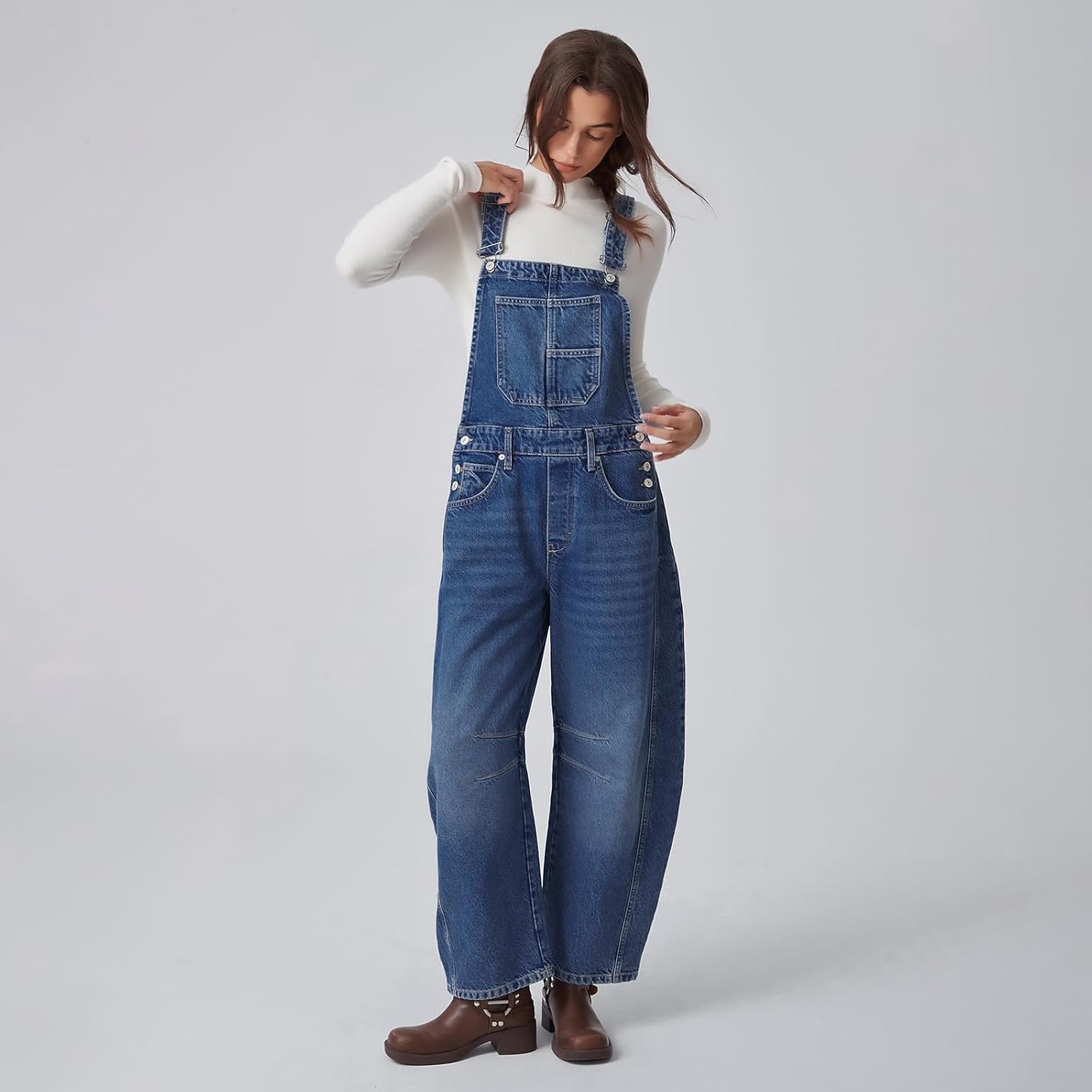 Ladyful Women's Denim Overall Casual Straight Wide Leg Bib Jeans Overall Adjustable Straps Denim Romper Stretch Jumpsuits - Image 2