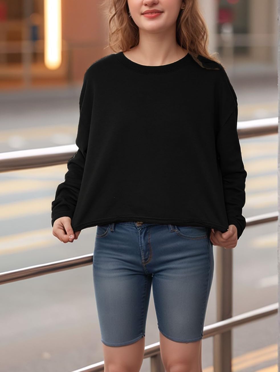 Womens Crop Sweatshirt Long Sleeve Cropped T Shirts Crewneck Loose Fit Tops Trendy Fashion - Image 5