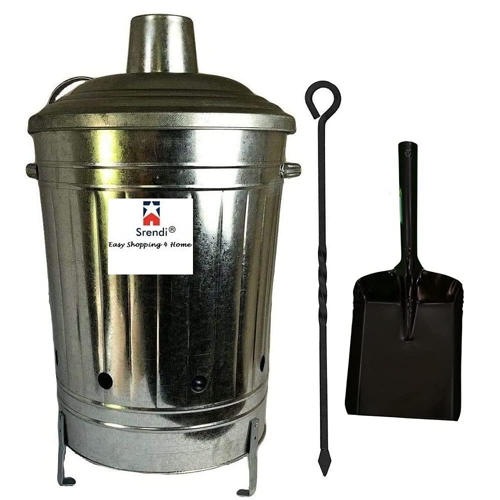 60 Liter Metal Galvanised Garden Incinerator Fire Bin Burning Leaves Paper Wood Rubbish Dustbin Made in U. K. (60L INC with Shovel&Poker)
