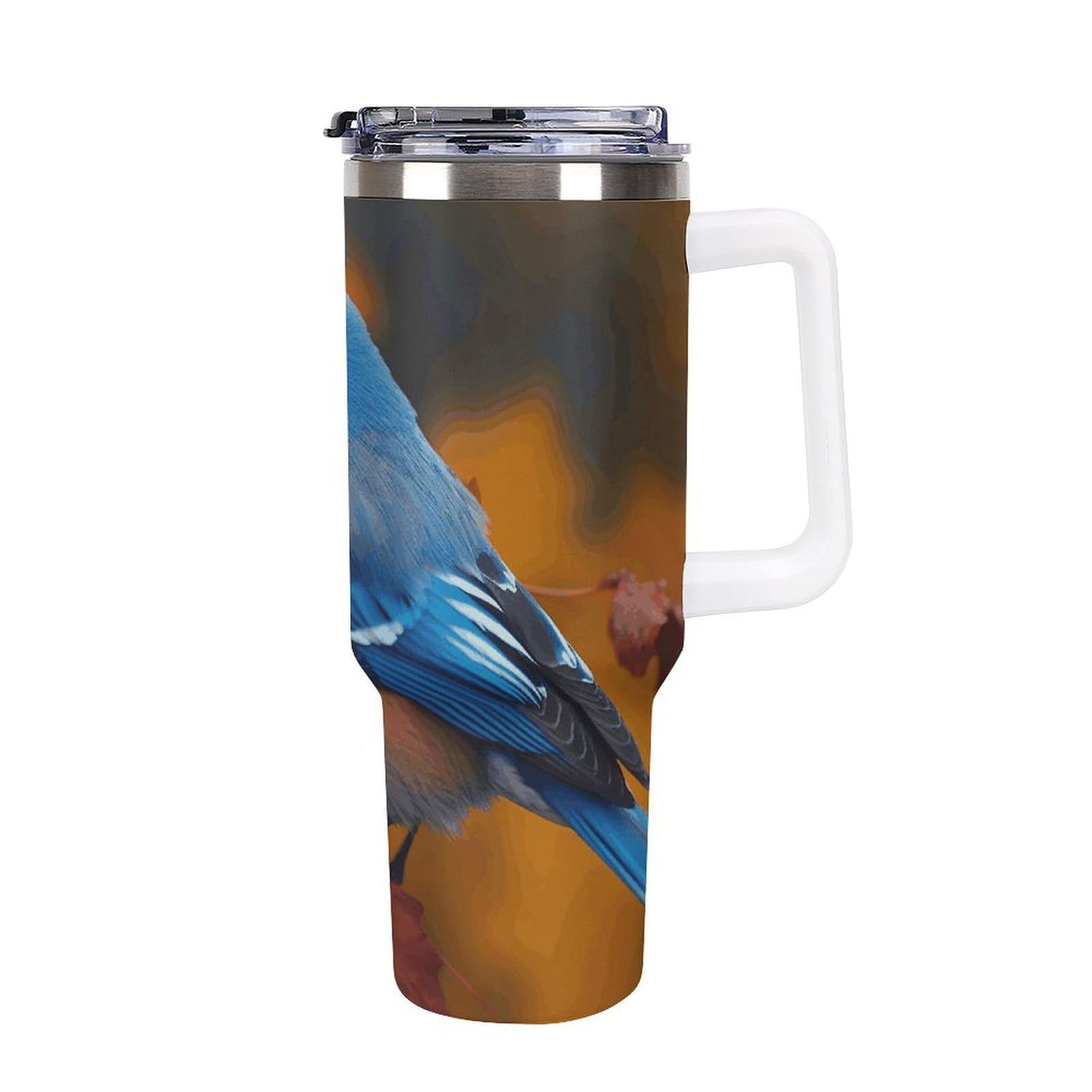 Autobecher aus 304 Edelstahl, 1,2 l, blauer Vogel und Blätter, Becher mit Strohhalm und auslaufsicherem Deckel, großes Fassungsvermögen, vakuumisolierter Reisebecher für Auto-Becherhalter