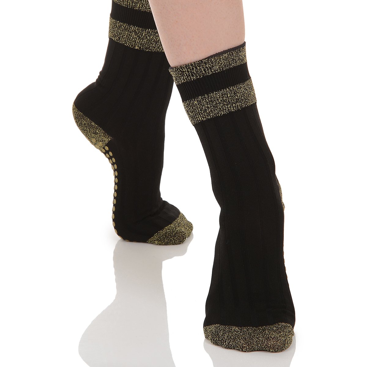 Great Soles Crochet Non Skid Sticky Grip Socks for Yoga, Pilates, Barre (Black/Gold)