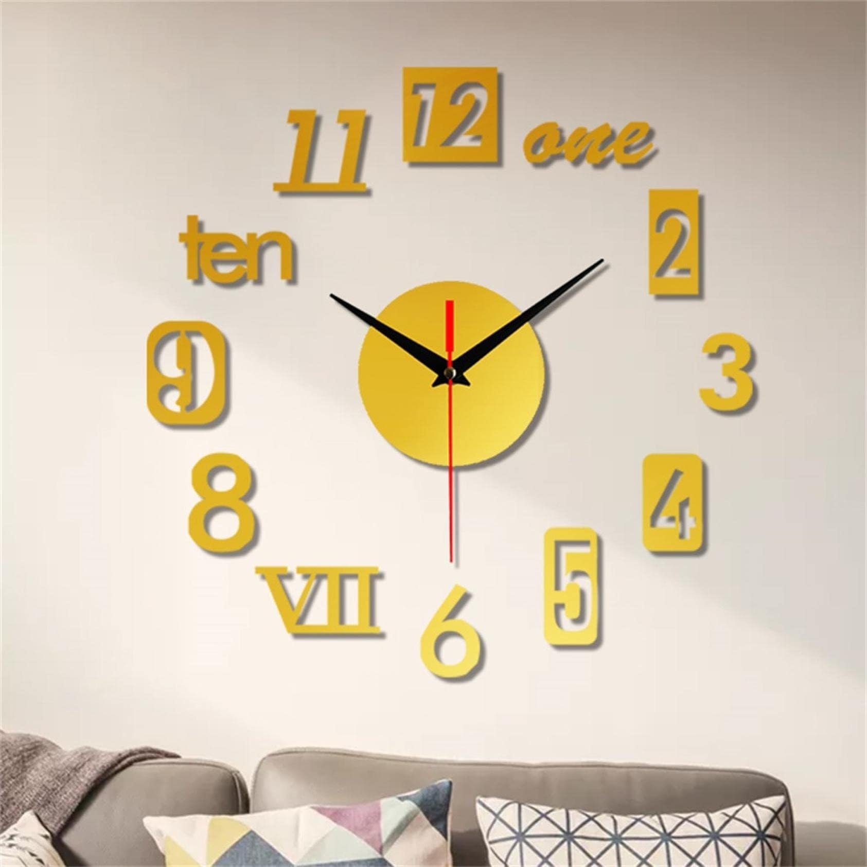 Frameless DIY 3D Wall Clock - Large for Living Room, Kitchen, Bedroom, Office - Acrylic Digital Modern Stick-On Clock Home Decor (YA-Gold)