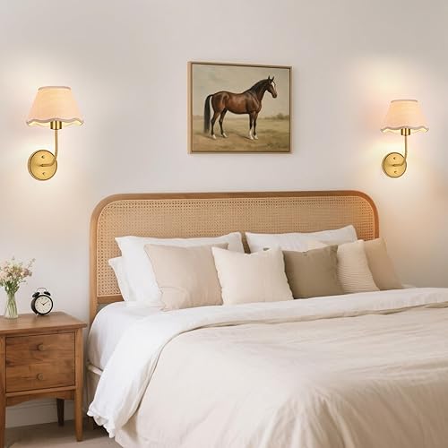 Miniatura 3 de Juego de dos apliques de pared bohemios, lámpara de pared de ratán rústico de latón para montaje en pared, apliques de pared con cable duro,
