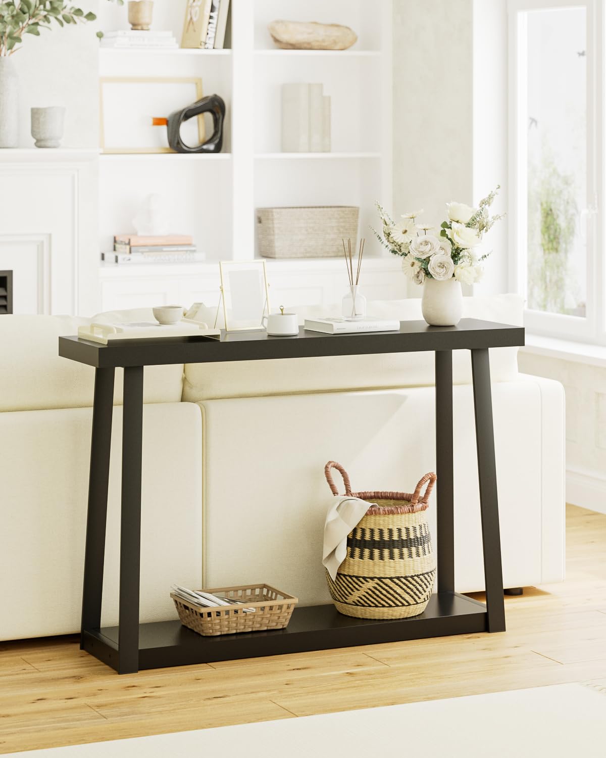 Mesa Consola, Mesa Auxiliar de Pasillo de Dos estantes y 120 cm de Largo con Espacio de Almacenamiento, para el Pasillo, la Entrada, el salón o el Dormitorio, Color Negro