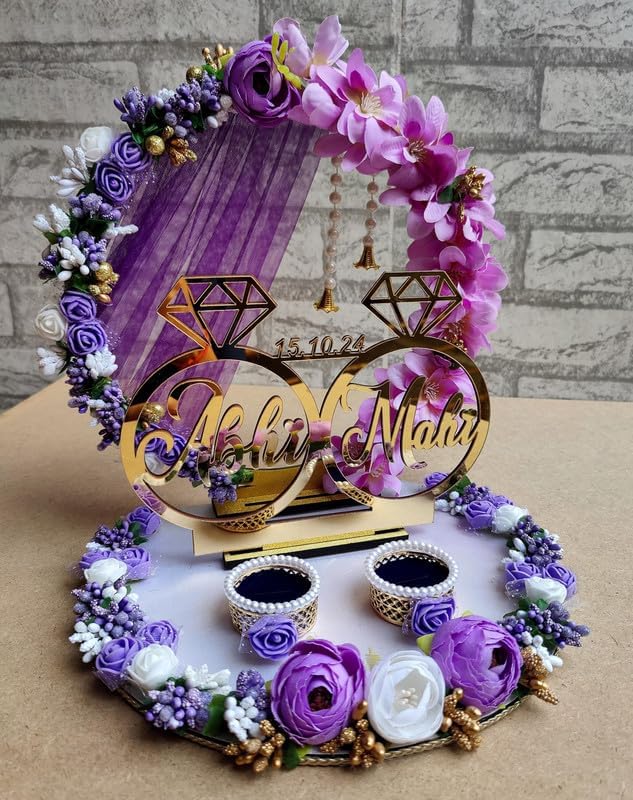 Sponsored Ad - THE BRIDE MADE Engagement Ring Platter, 10x10x10 cm, 2 Detachable Ring Boxes 40Gm, Theme with White Base, Artificial Paper Flowers, Customizable (Purple)
