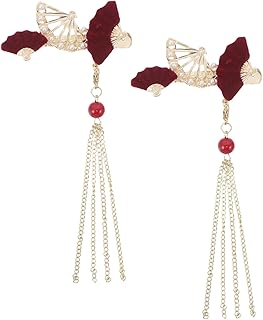 فوميز. مشبك شعر صيني للمشجعين من قطعتين: مشبك صيني بشراشيب - اكسسوارات شعر تقليدية لحفلات الزفاف للنساء، دعائم تصوير للحفلات التنكرية بلون احمر