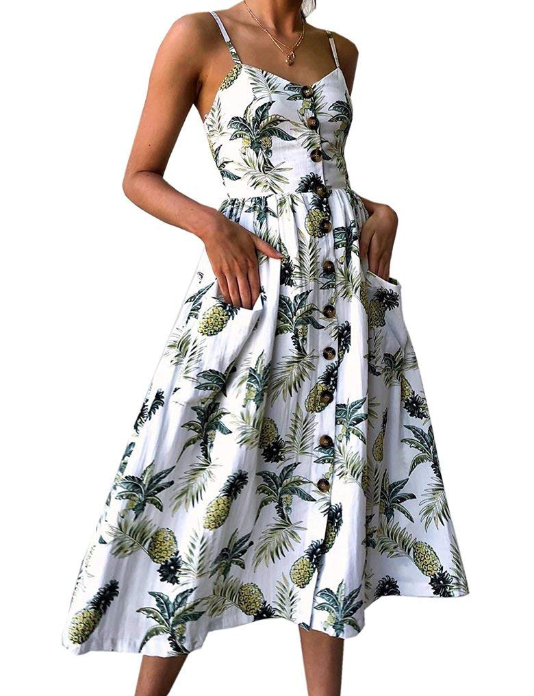 LaLaLa Sommerkleider Damen V-Ausschnitt Midikleid Ärmellos Midikleid Casual Strandkleid mit Knöpfen