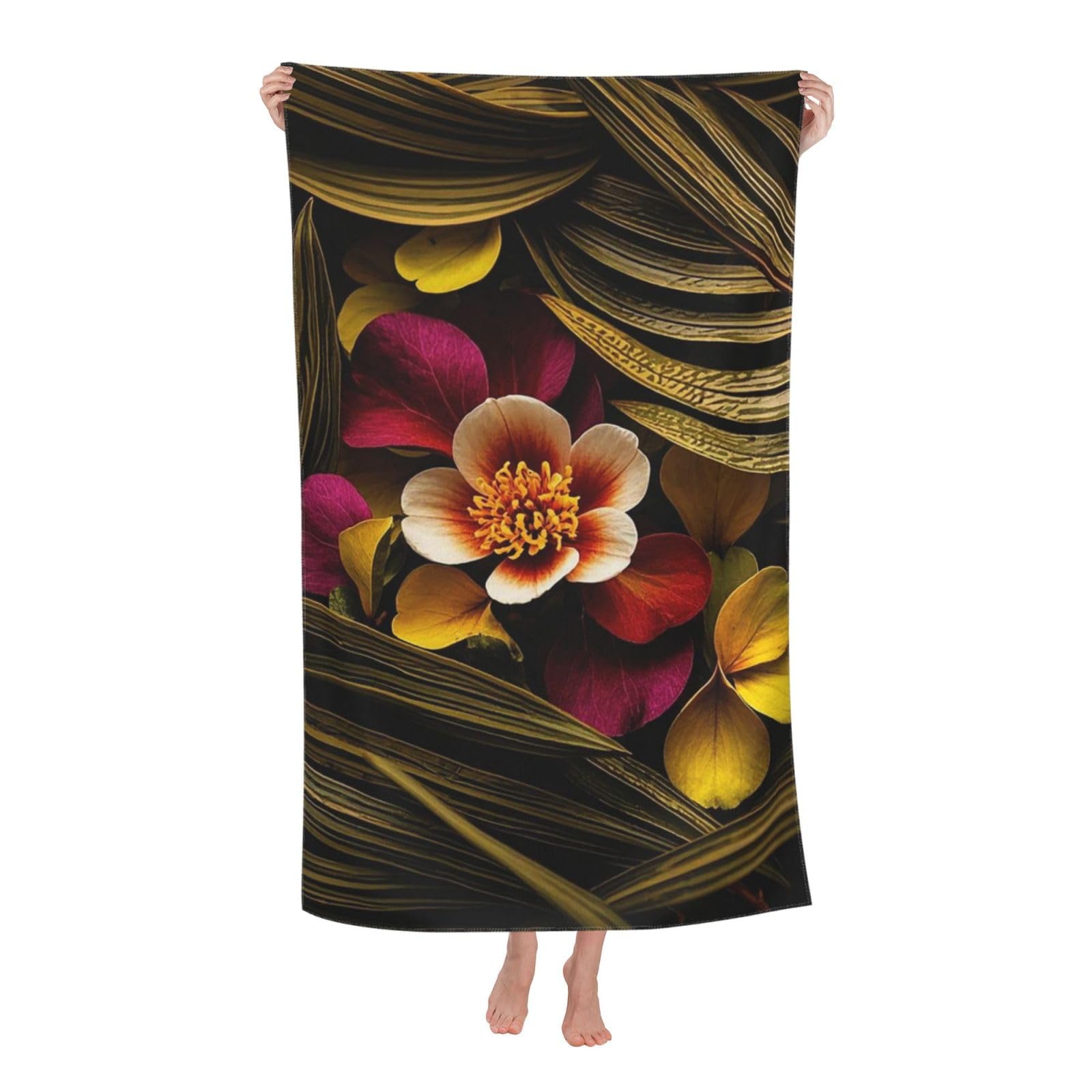 FodPand Striped Leaves Beach Towel Oversized 52 x 32 in Sand Free Pool Swim Towels for Adult Travel Blanket Lightweight Quick Dry Absorbent Bath Towels Cruise Vacation Accessories