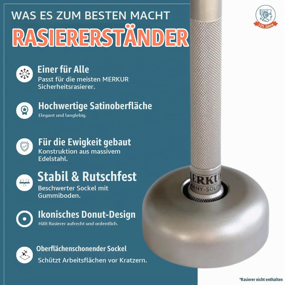 MERKUR Rasierständer INOX 4011 | rutschfest | Edelstahl, satiniert | passt für Rasierhobel 23 INOX, 24 INOX und 34 INOX | Made in Germany