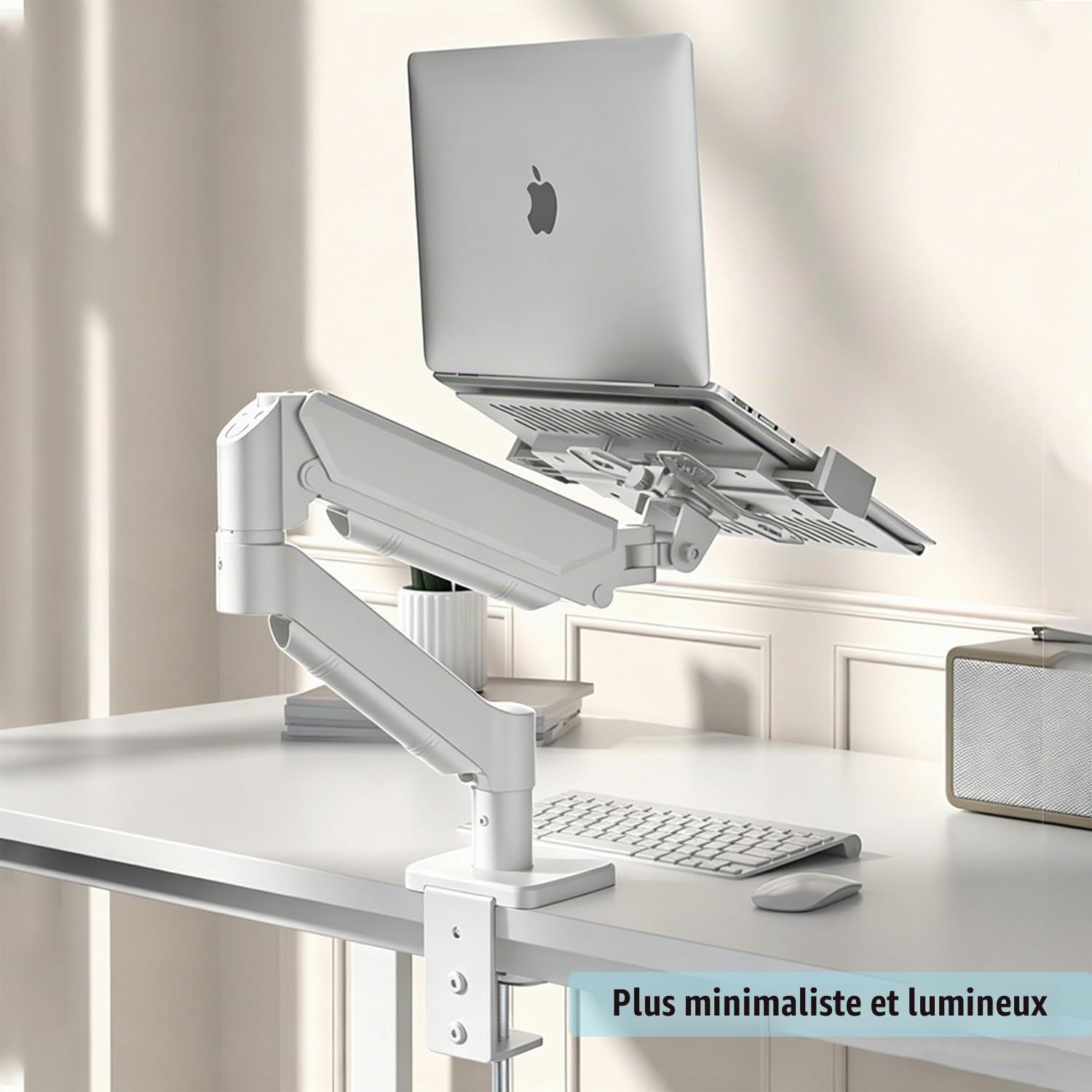Monitor Arm,Support Pour Ordinateur Portable 2 En 1 Avec Plateau,Capacité Maximale De 10 Kg,Hauteur Réglable,Adapté Aux Ordinateurs Portables De 10 à 17 in,Avec Pince à Trou Rond/Bras De Bureau,Blanc