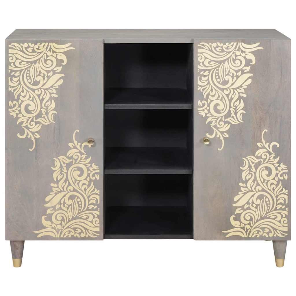 Credenza grigio e oro in legno massello mango 90 x 33 x 75 cm con pomelli in ottone e design serigrafato, vano portaoggetti con 2 ante a cerniera per soggiorno, media, hifi e stoccaggio