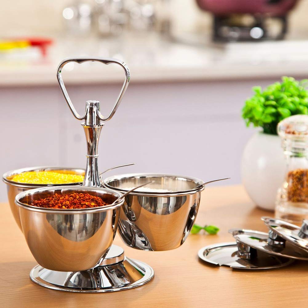 Tarro De Especias De Acero Inoxidable 304 Con Rejilla Creativa Para Facilitar El Tránsito, Base Giratoria Para Un Condimento Más Cómodo, Juego De Tarros De Condimento, Plateado-3jars