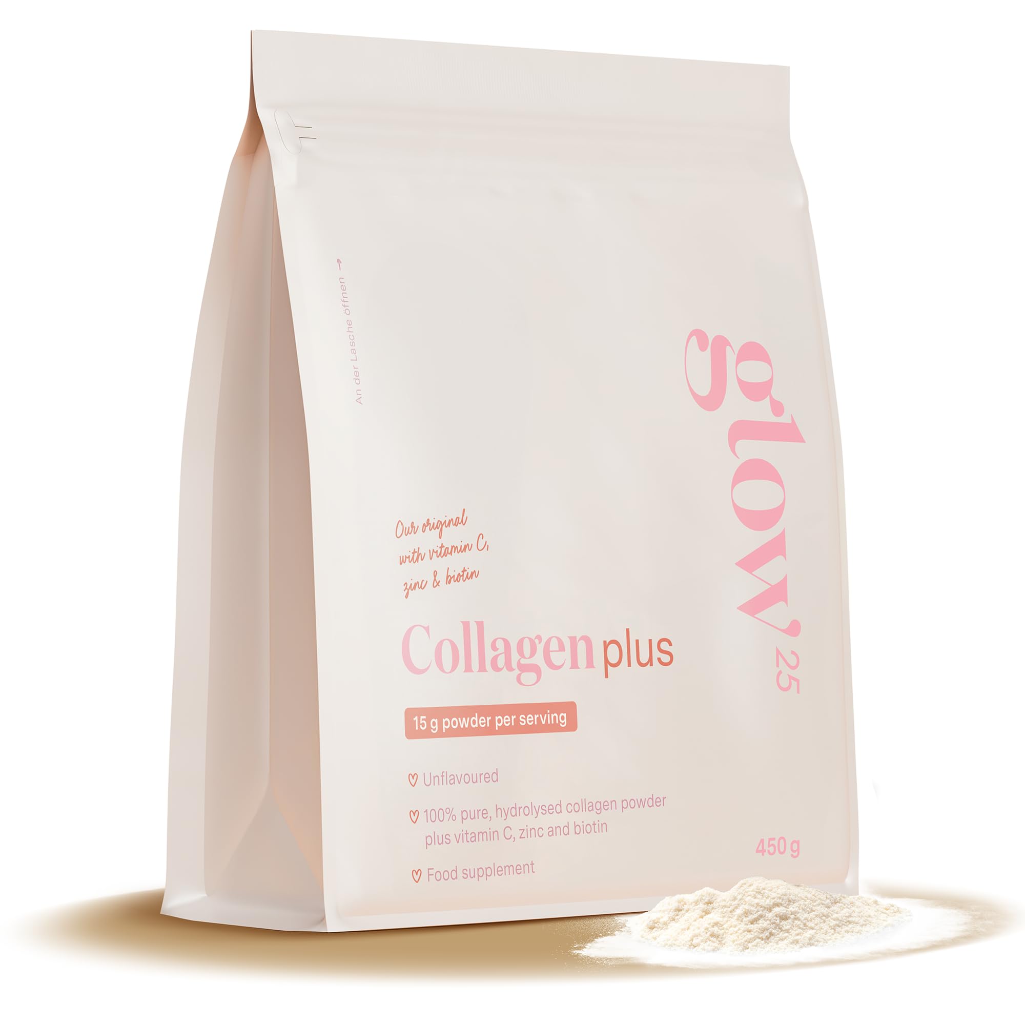 Glow25® Collagène Plus 450g Complément Alimentaire Vitamine C Zinc Biotine Hydrolysat de Collagène Premium Peptides Type 1 et 3