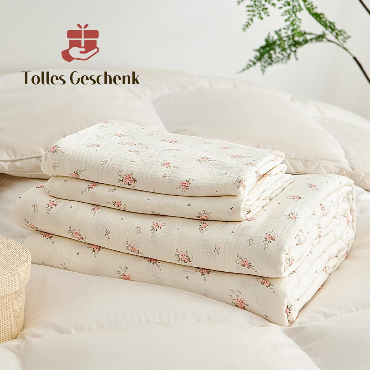 Lanqinglv Musselin Bettwäsche 135x200 Baumwolle Rosa Blumen,Leinenoptik | ÖKO-TEX Zertifiziert,für Allergiker,4 Jahreszeiten Set,Atmungsaktiv Bettbezug 1 Kissenbezüge 80x80 mit Reißverschluss