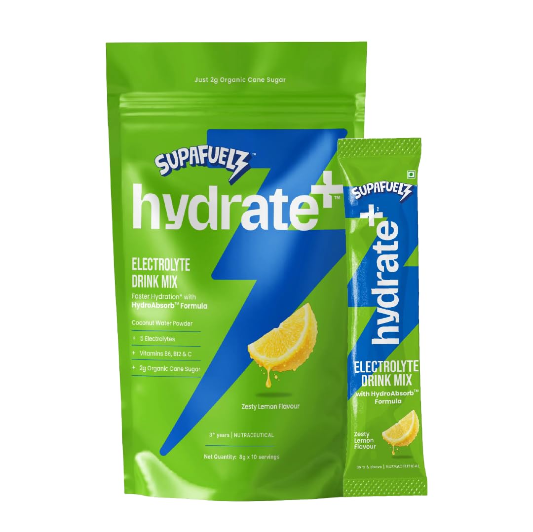 hydrate+ kids electrolyte powder | coconut water 5 salts 3 vitamins | lemon (10 x 8g)