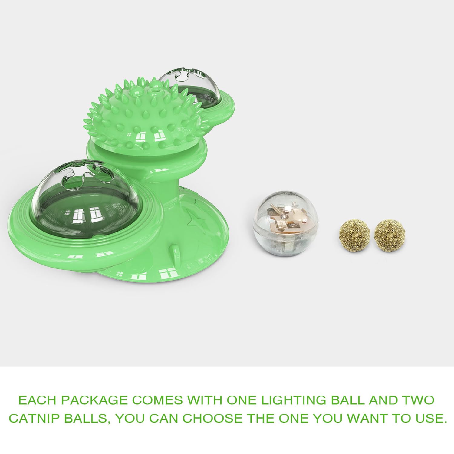 Giocattolo interattivo per gatti, girevole, multifunzione, per interni, massaggi, con erba gatta, palla e ventosa, design sicuro e durevole (verde)