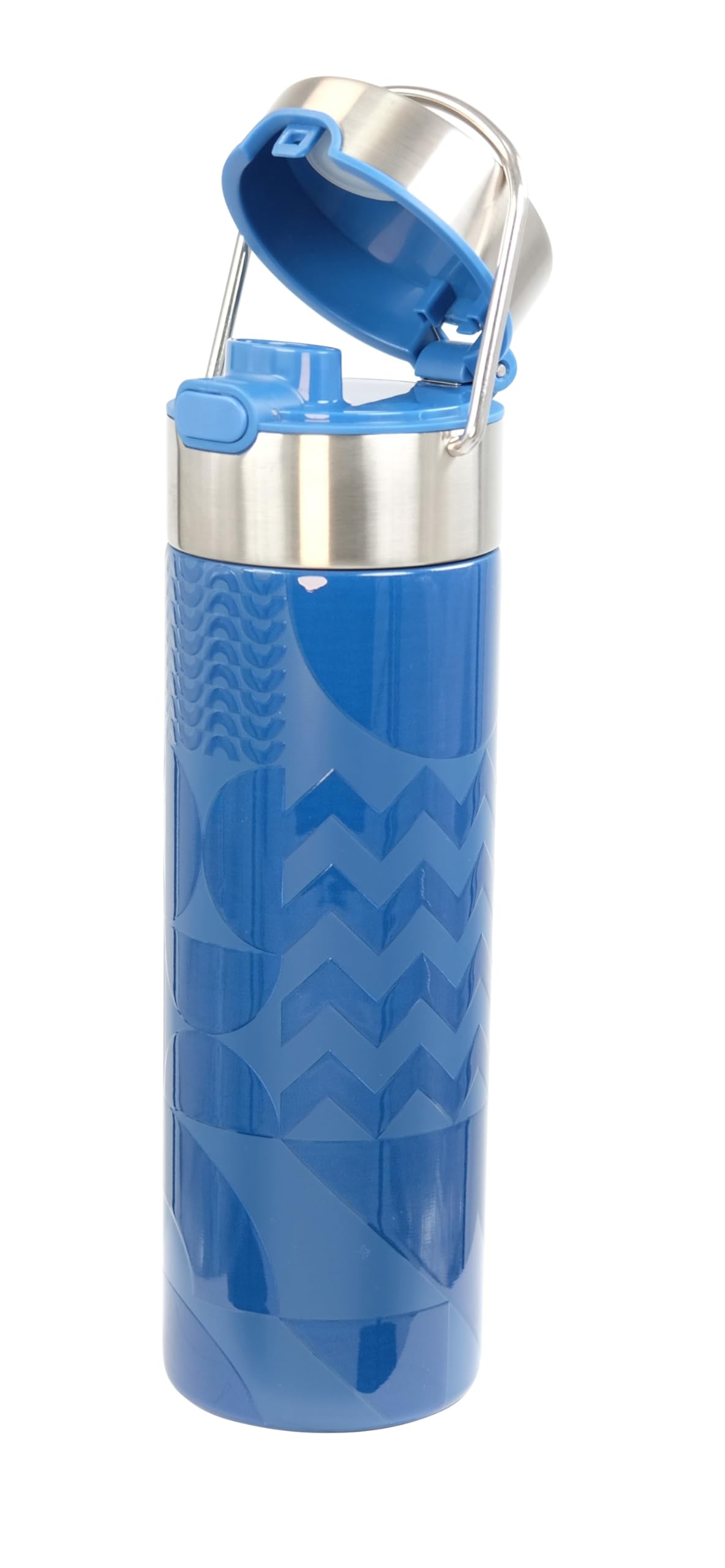 Eigenart LEEZA Geo Blue Gourde isotherme à double paroi en acier inoxydable avec bouchon sport et passoire, sans BPA, 500 ml