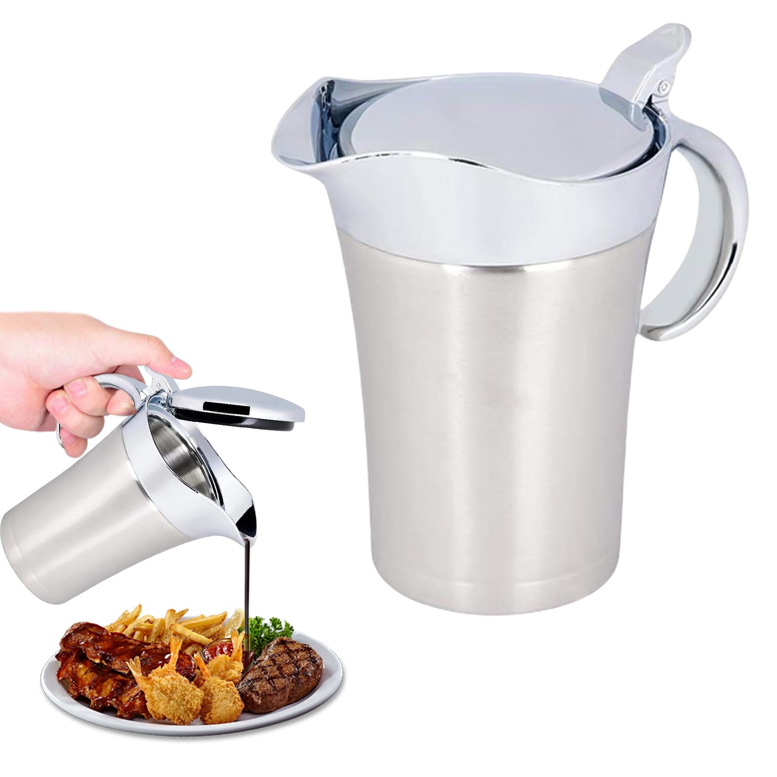 750ml Edelstahl Thermo Sauciere: WEGREAT Doppelt Isoliert Thermo Sauciere, Thermo-Saucentopf mit Deckel, Soßenkanne, Saucenbecher, Soßenbehälter für Sahne, Saft, Sauce, Vanillesoße (Silber)