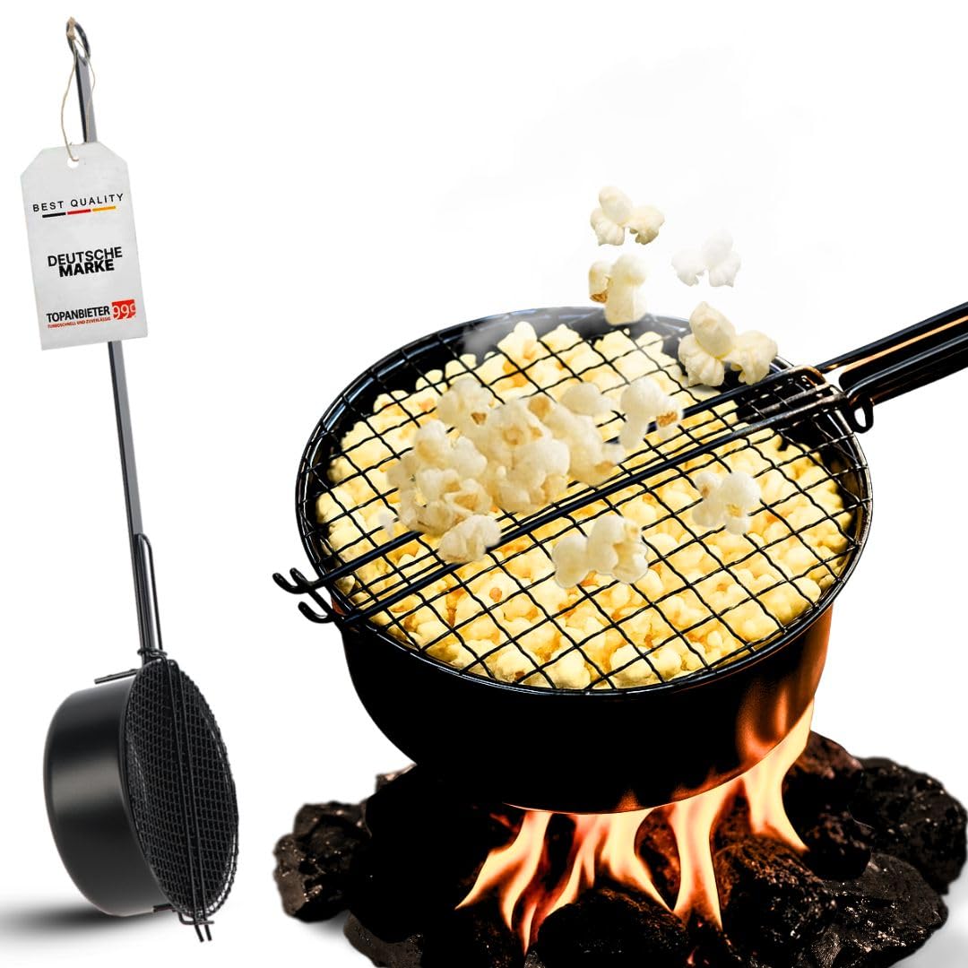 Poêle à pop-corn à feu ouvert et machine à popcorn à manche long avec couvercle à barbecue, idéale pour le camping et la machine à popcorn, machine à popcorn