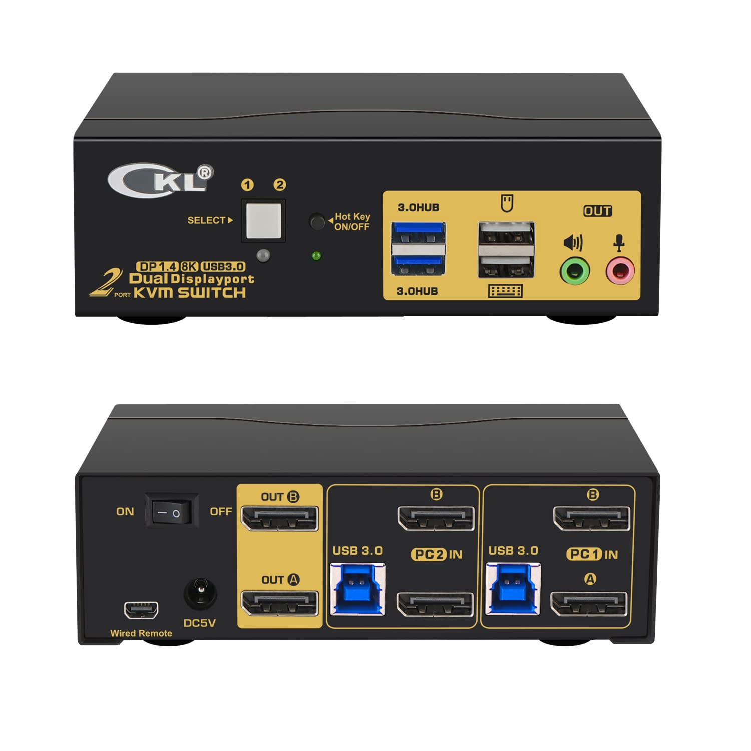 CKL 2 Port USB 3.0 KVM Switch Dual Monitor DisplayPort 1.4 4K@144Hz 8K@30Hz for 2 Computers, PC Scre