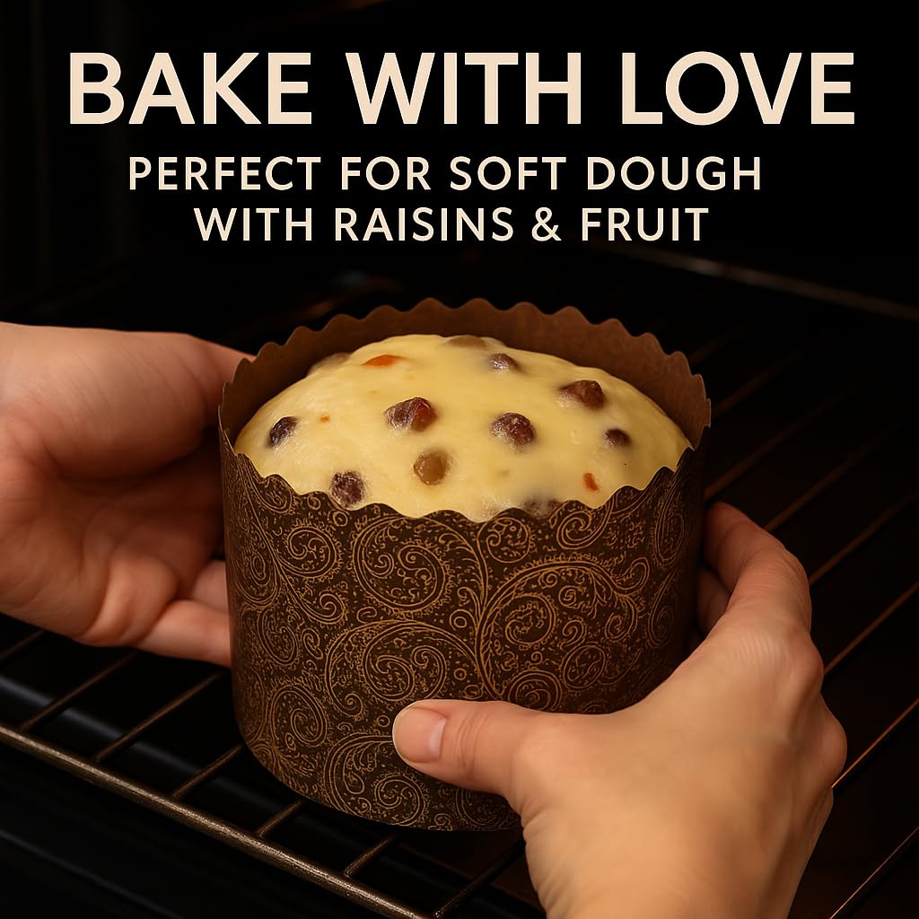 Moldes para hornear Kulich y Panettone de 12 onzas, paquete de 12 unidades, moldes de papel antiadherentes para pan de Pascua, 4.7 pulgadas de ancho x 3.1 pulgadas de alto, aptos para horno y