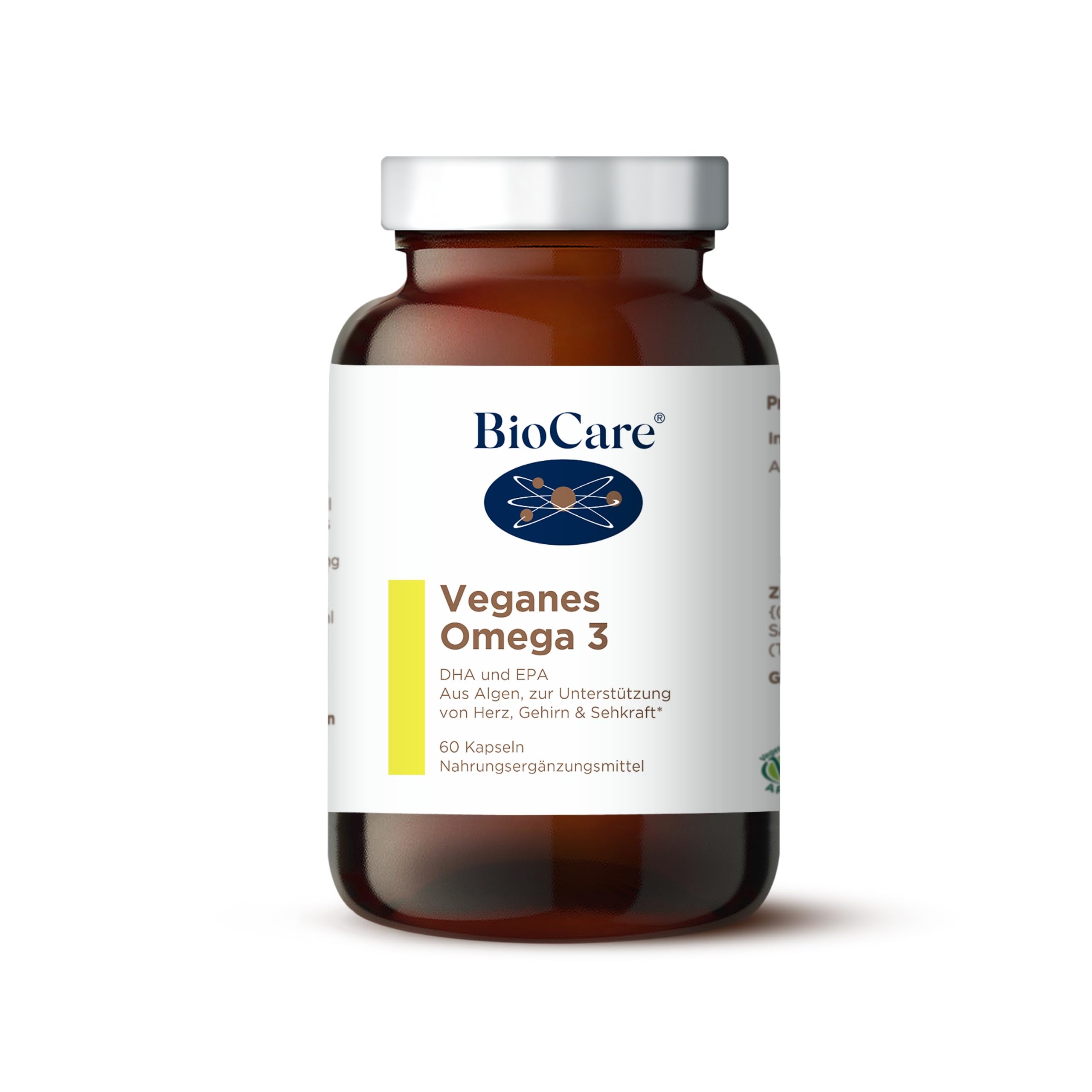 BioCare Vegan Omega 3 (Algen DHA & EPA) - Für Herz, Gehirn, Sehkraft & Haut - 60 Kapseln