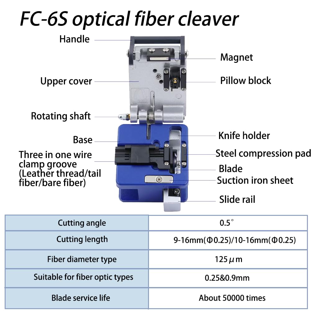 Kit de herramientas de fibra óptica Cliveadora FC-6S, localizador visual 30mW 30KM, pinza Pelacables Tijeras Kevlar, fotómetro de fibra óptica