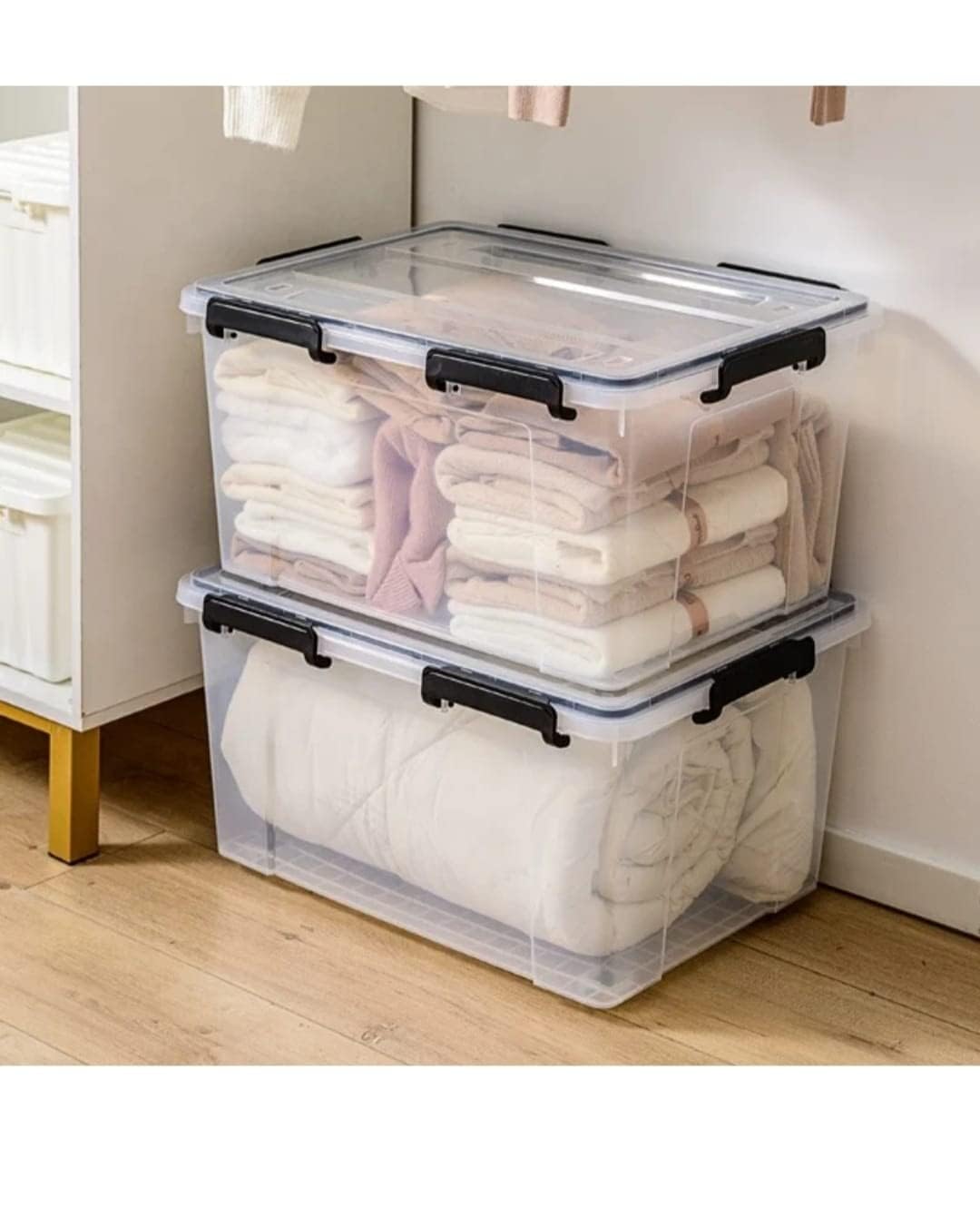 Transparenter robuster Aufbewahrungsbehälter mit Deckel, stapelbare Kunststoffbehälter mit Griffen, BPA-frei, vielseitig einsetzbar für Küche, Speisekammer, Büro oder Garage (4, 52 Liter)