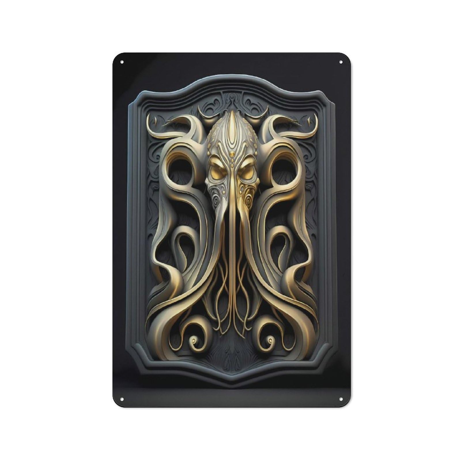 Junmoney Style-7 Metal Wall Sign With Kraken Golden Art Deco Design 30X20cm, Modern Retro Urban Room Decor For Workspace, Cafe, Hallway Or Garage