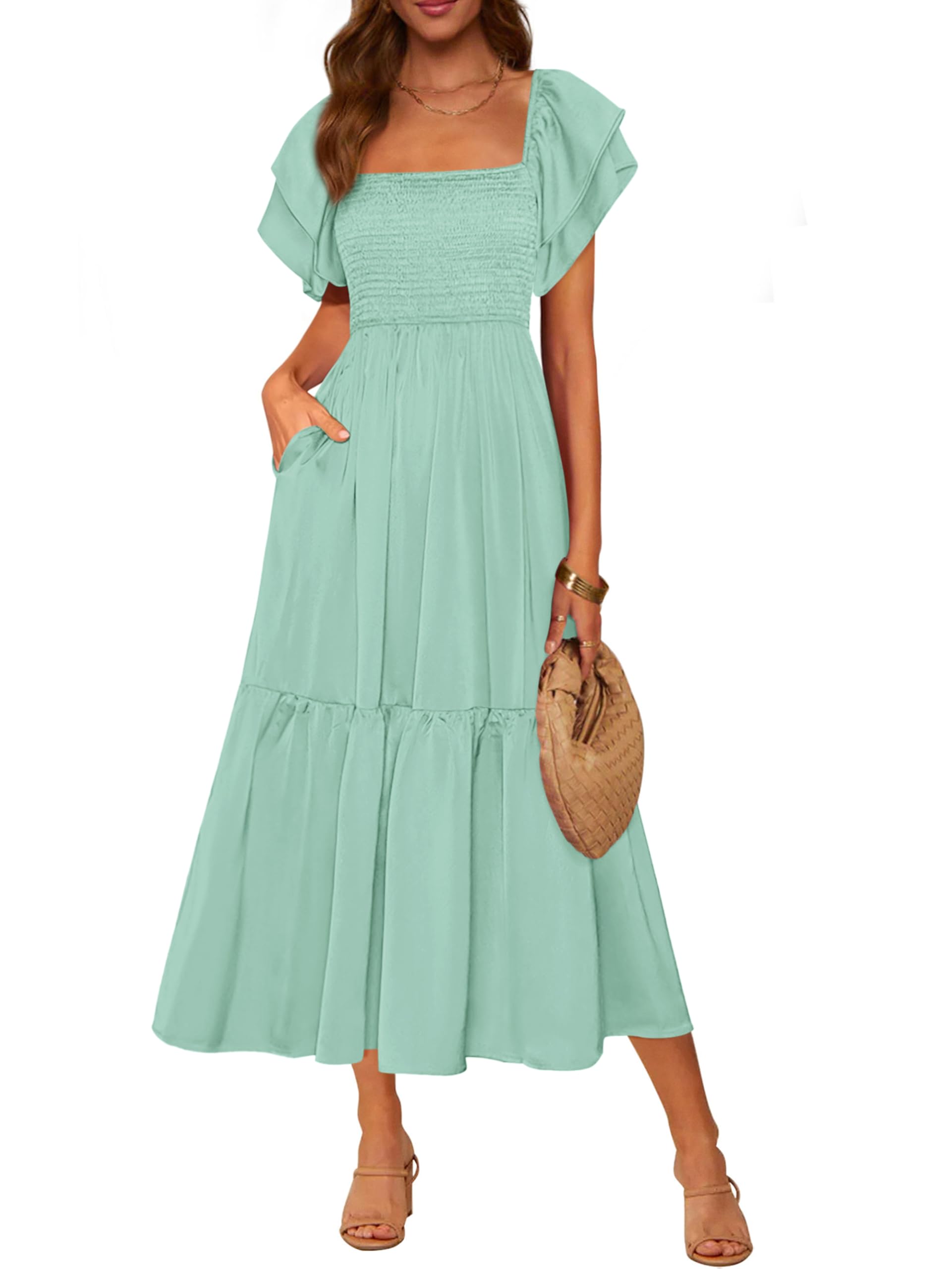 MASCOMODA Womens Summer Casual Midi Dress Square Neck Ruffle Short Sleeve Smocked High Waist A Line Wedding Guest Dresses