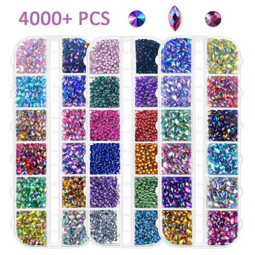 Strass per nail art, 4000 pezzi, dorso piatto, taglio medio/ oblungo, strass multicolore per la decorazione delle unghie (pinzetta per raccogliere strass omaggio)