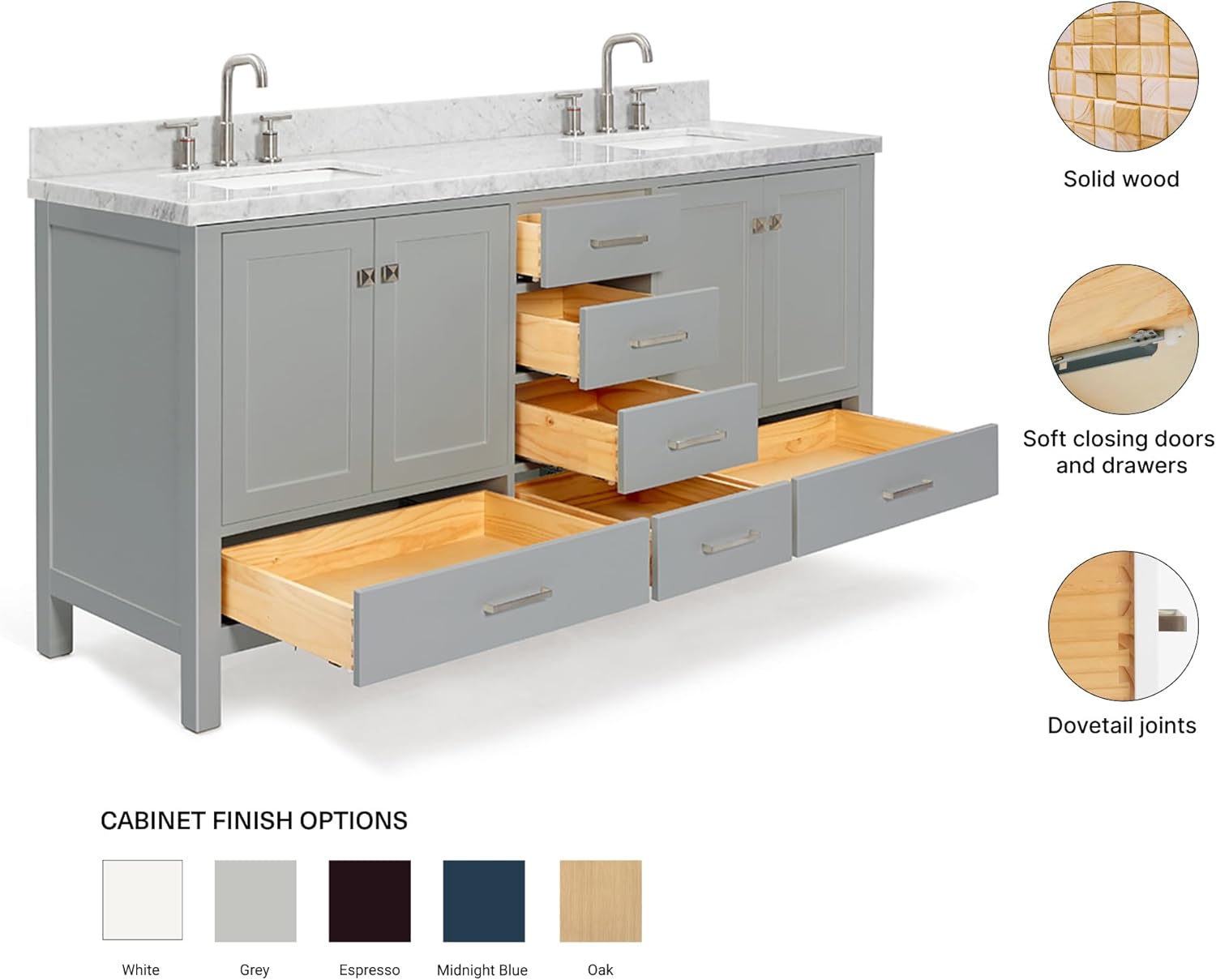 ARIEL Cambridge 72-inch Bathroom Vanity with Sink,Solid Wood, 1.5-inch Italian Carrara Marble Countertop, Double Rectangular Porcelain Sink, 4 Soft Closing Doors, 6 Dovetail Drawers, Grey