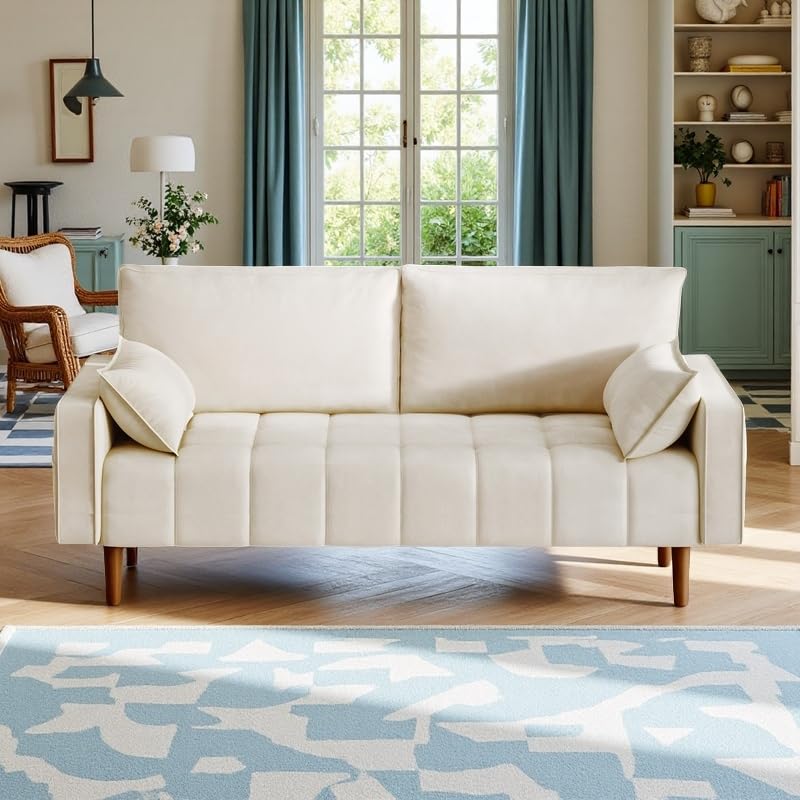 DWVO 67" Loveseat Sofa, Velvet Fabric Sofa Couch for Small Space, Modern Loveseat with Button Tufted Seat and Side Storage Pockect, 3 Seater Couch for Living Room Bedroom, 2 Pillows Included, Beige