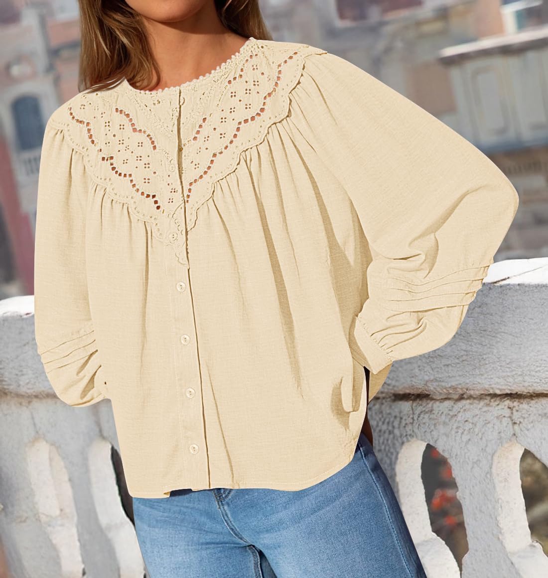 ZESICA 2026 Spring Summer Long Puff Sleeve Babydoll Tops for Women Lace Crochet Button Down Boho Victorian Shirts - Image 3