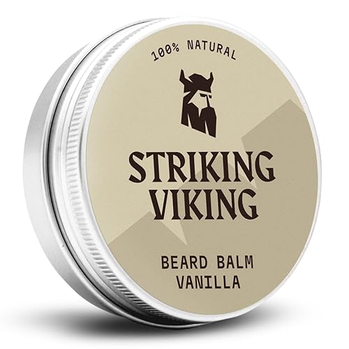 Striking Viking Bálsamo para barba de vainilla - Estiliza, fortalece y suaviza barbas y bigotes - Cera acondicionador natural para barba con manteca