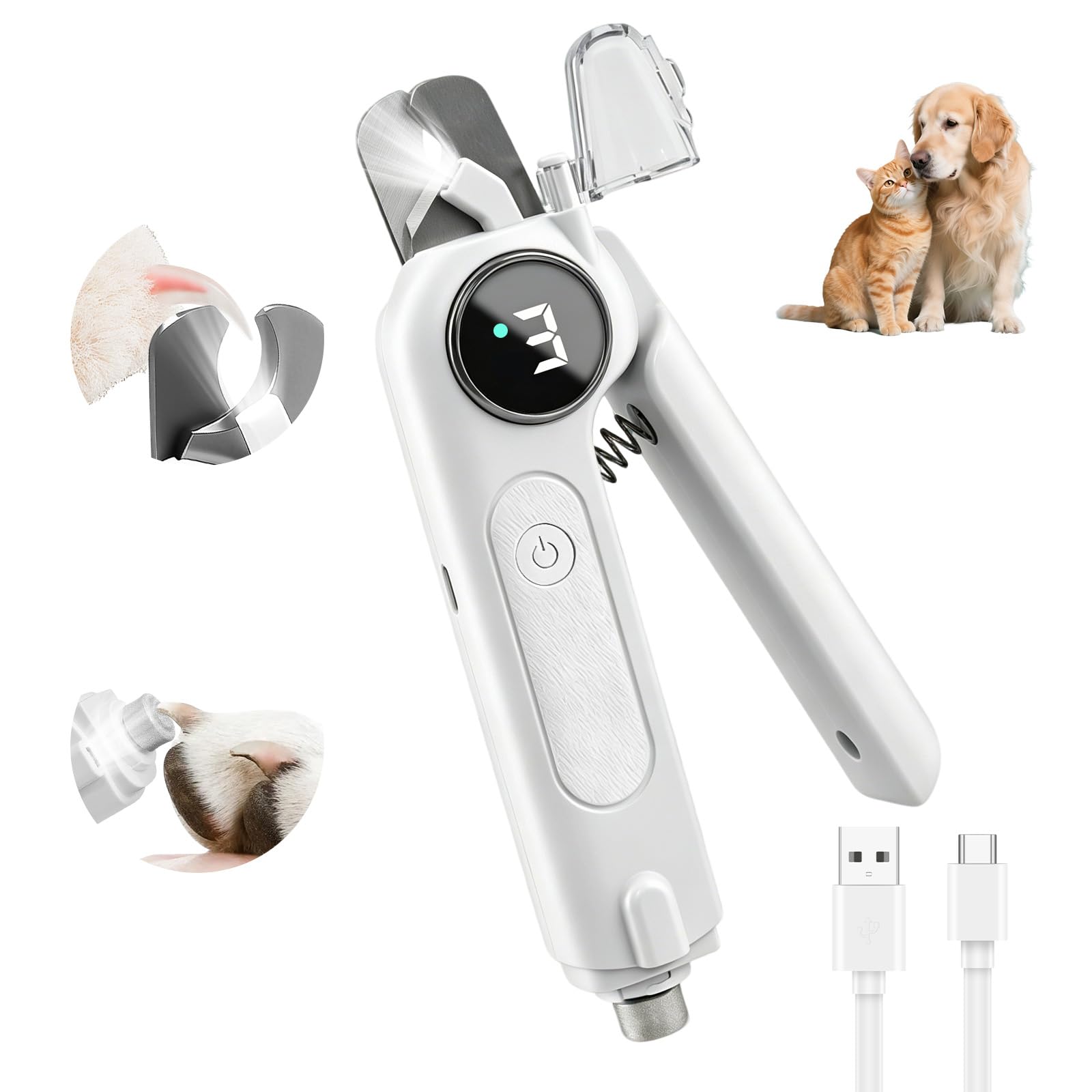 2-in-1 Dog Nail Clippers & Grinder with LED Light, Quiet Electric Dog Nail Trimmer for Small Medium Large Dogs & Cats, 3 Speeds, USB Rechargeable, Quick Sensor, Safety Lock & Splash Guard (White)