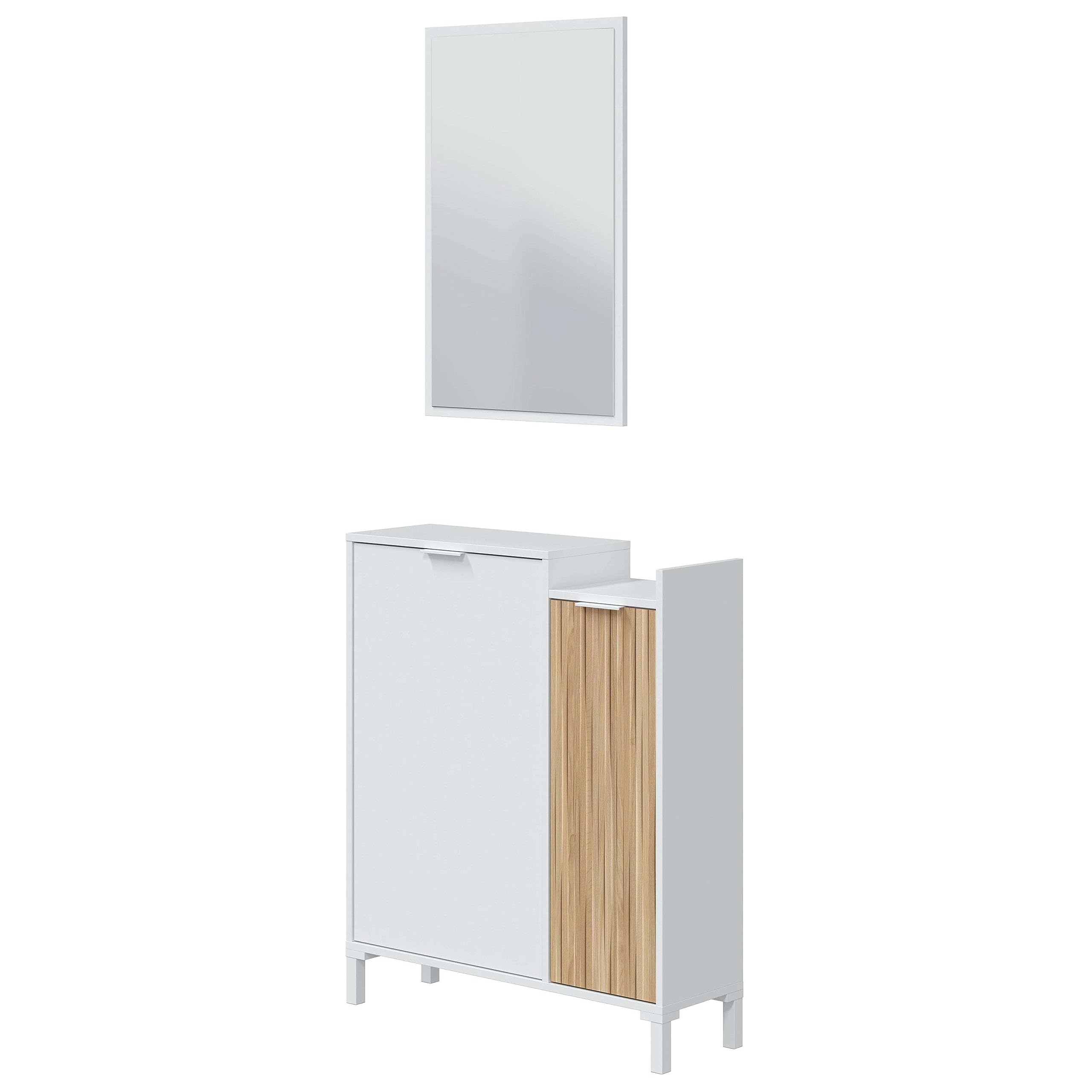 Habitdesign Mueble Recibidor para Entrada con Espejo Ethna Blanco Artik Y Natur Diseño Moderno 77x24Cm