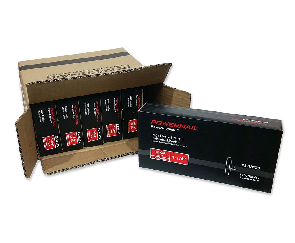 Powernail 18ga, 1/4" crown, Chisel Point Narrow Crown Staple. 1-1/4"L. Case of 6-5000ct box.